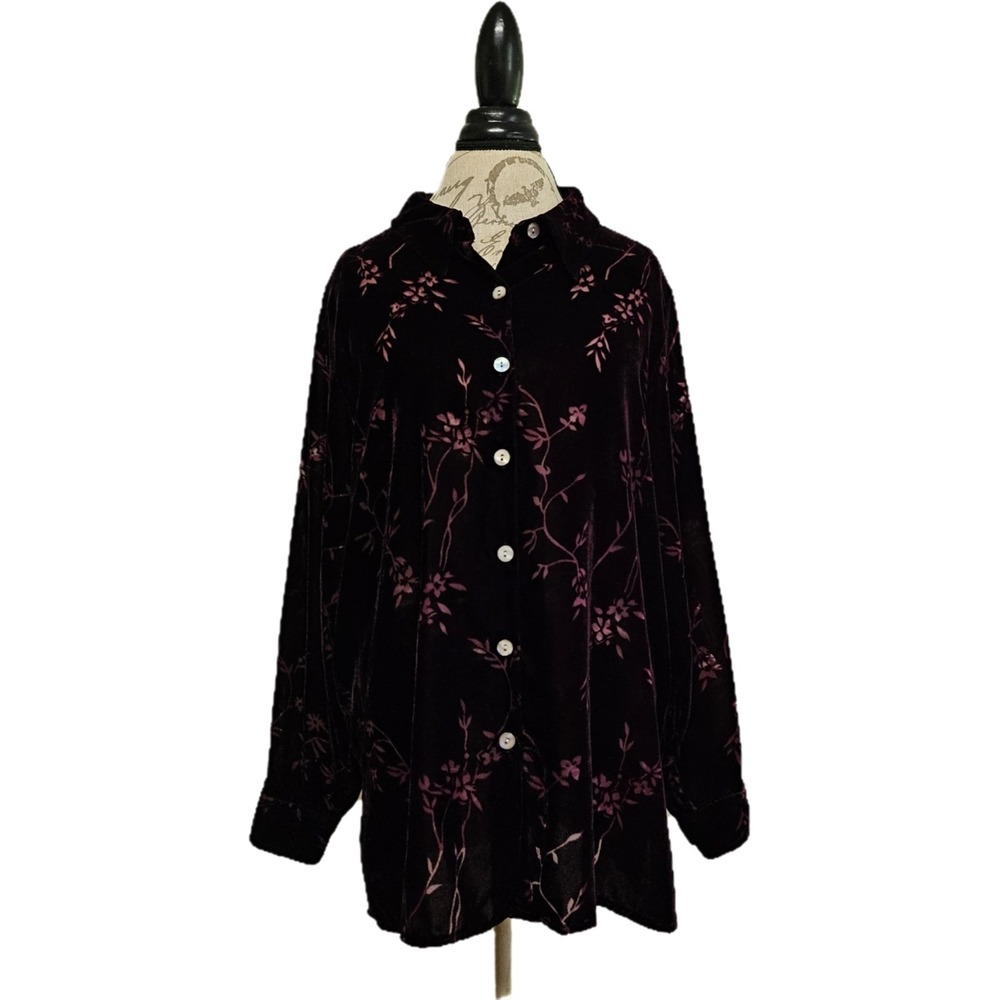 Jaclyn Smith Burnout Velvet Purple Floral Shirt Size 1X Whimsigoth Cottagecore